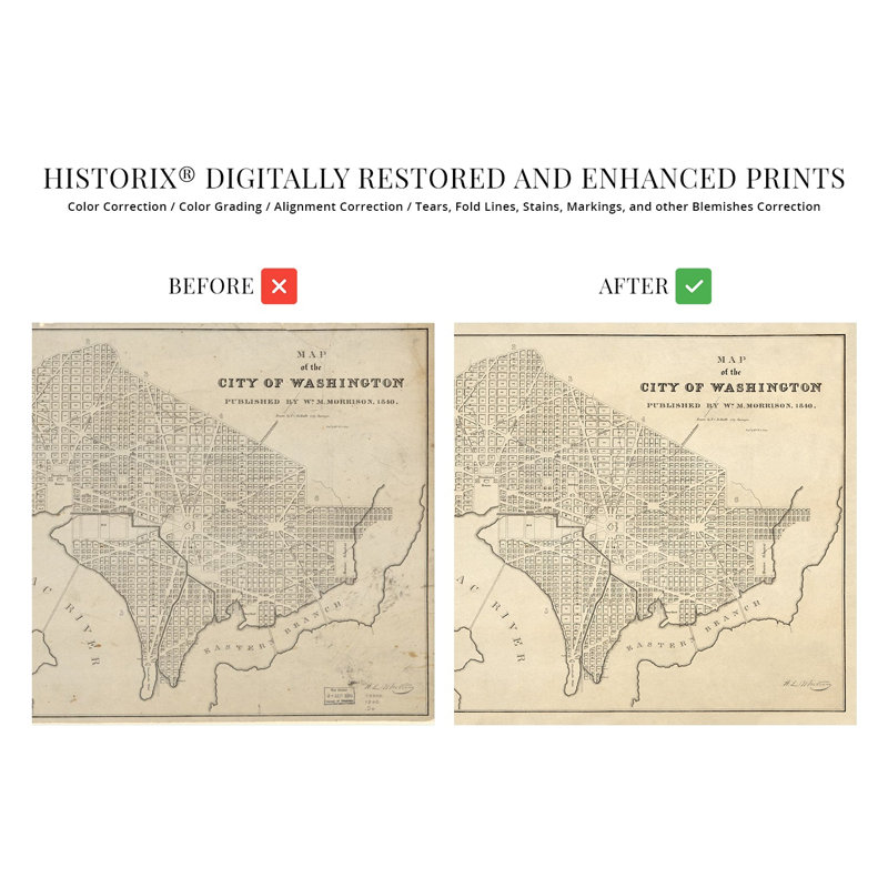 Carte de Washington en 1840 sur papier, H 18 po x l 24 po
