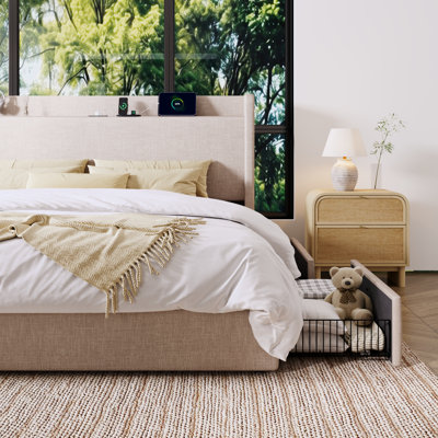 Modern Linen Upholstered Storage Bed Frame with 4 Drawers, Wingback Platform Bed with Charging Station and Storage Headboard, No Box Spring Needed