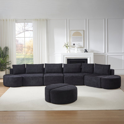Ensemble de canapé modulaire en tissu chenille, comprenant six coussins décoratifs et quatre repose-pieds courbés, parfait pour les salons, les chambres et les espaces de bureau. Noir
