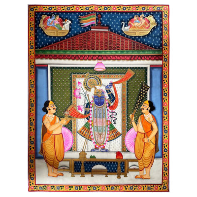 Dieu indou Shrinathji étant vénéré | Art Pichwai | Aquarelle sur coton