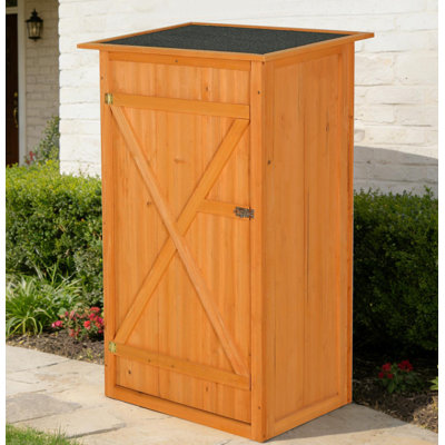 Outdoor storage shed - A wooden tool shed with a flat roof and waterproof garden storage cabinet, featuring a lockable door, suitable for terrace furniture, backyard, lawn, grassland, and farmland
