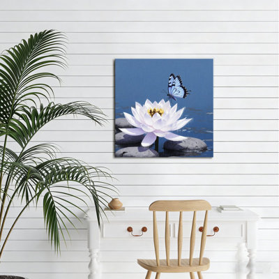 Blue Butterfly Water Lily, Built-In Wooden Frame Wall Art，16 X 16