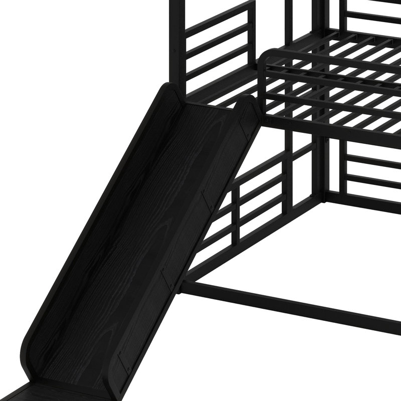 Metal Triple Bunk Bed With Safety Guardrails,Slide And Noise-Reduced Design, Full Over Full