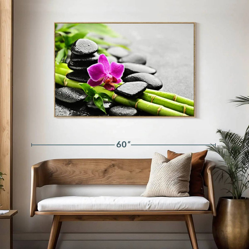 Pierres de basalte et orchidée, Cadre flottant en bois naturel, 46 po x 31 po
