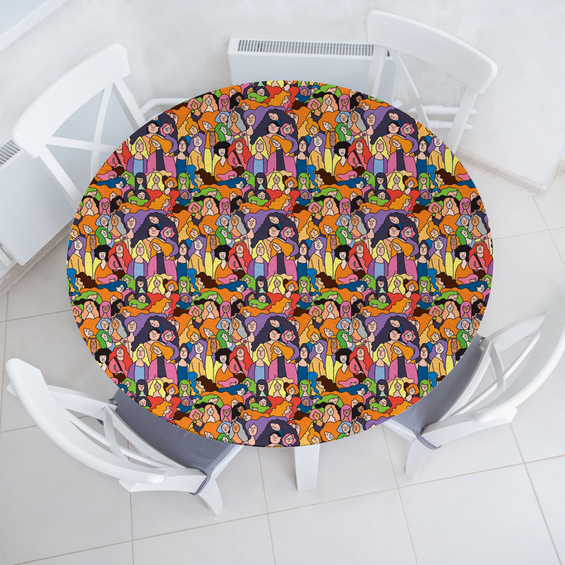 Ebern Designs Feminism Fitted Round Tablecloth Multicolor, 51.97" Round