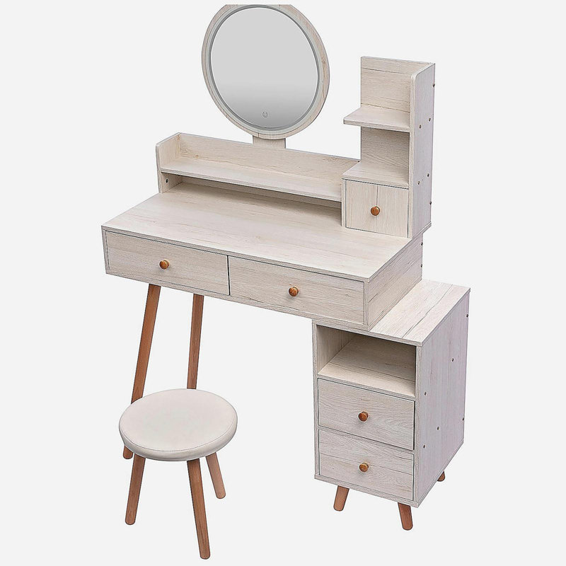 Stylish Vanity Table + Cushioned Stool,Touch Control LED Mirror,Large Capacity Storage Cabinet, 5 Drawers,Fashionable Makeup Furniture