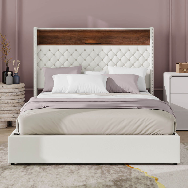 Grand lit tapissier en velours avec port USB et veilleuse, tête de lit capitonnée à oreilles de 52 po avec tablette de rangement et rivets