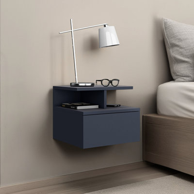 Navy Blue Floating Nightstand With Ample Shelving And A Drawer, Modern Particle Board, Ideal For Living Areas Nightstand, Hue, One Drawer Shelves, Design, Board Construction, Fits Wall Nicely