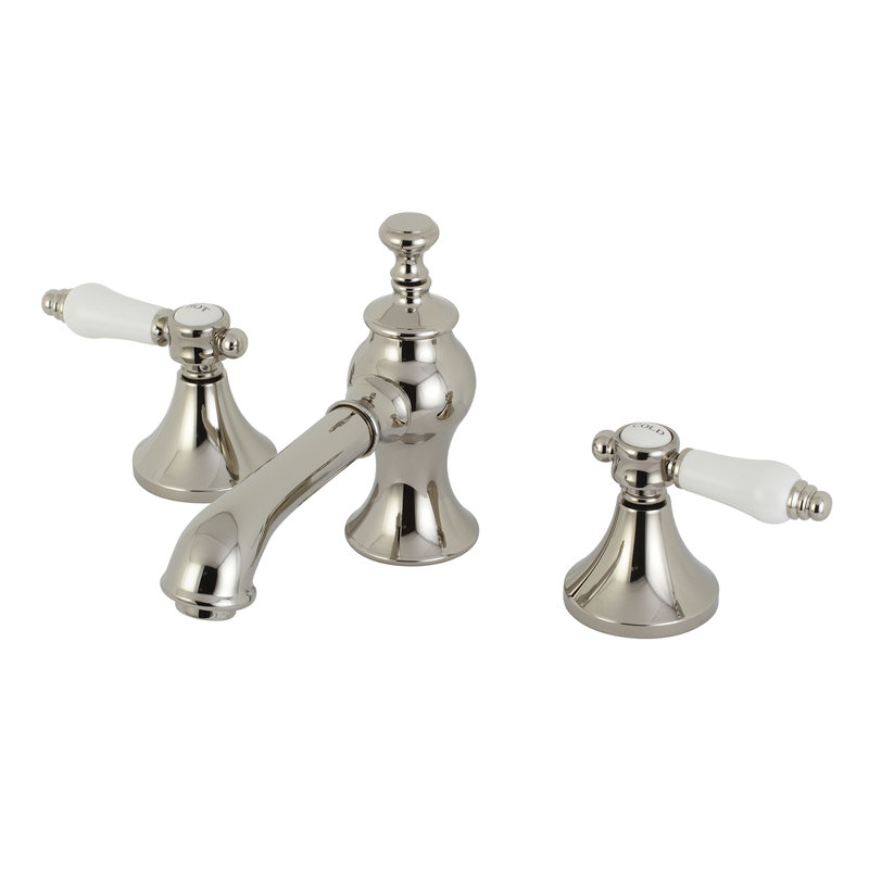 Kingston Brass Bel-Air Two-Handle 3-Hole Deck Mount Widespread Bathroom Faucet with Brass Pop-Up Drain, Polished Nickel