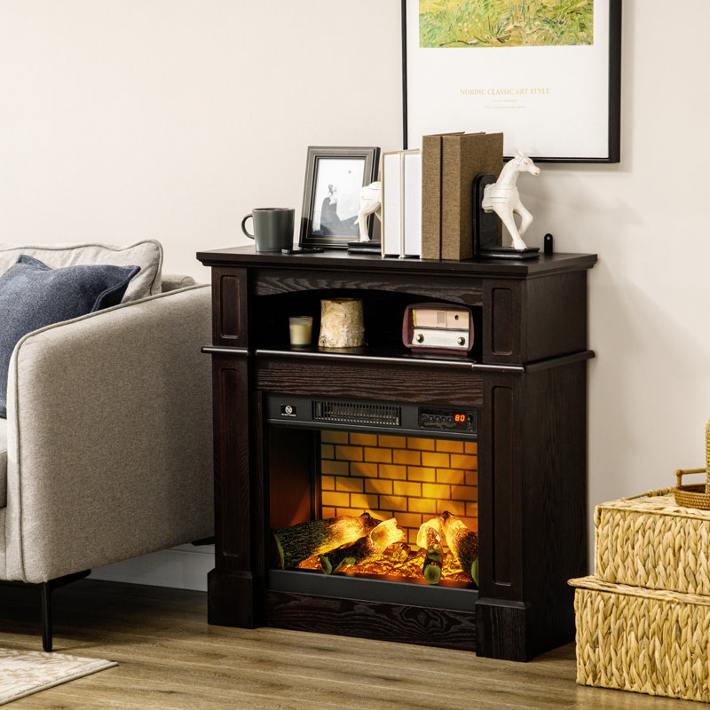 32" Brown Electric Fireplace with Mantel, LED Log Flame, Shelf & Remote Control