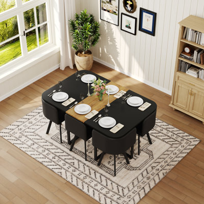 7 Piece Dining Table Set With 6 Black PU Chairs, Two-Tone Black & Wood Grain Rectangular Kitchen Table (Triamine Board), Modern Dining Room Furniture Set For Small Space, Apartment, Restaurant