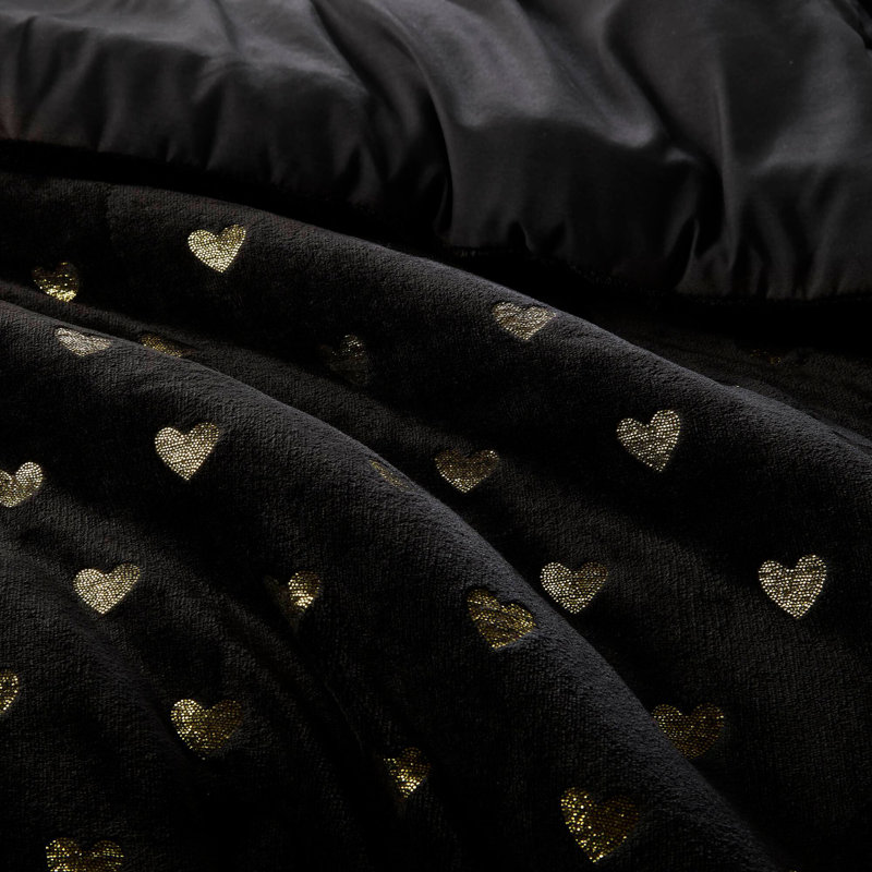 Metallic Printed Plush Comforter Set with Throw Pillow, Black Polka Dots, Full/Double Comforter + 2 Shams + 1 Pillow