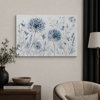 Blue Botanical Wildflowers On White Background Artwork, Soft Floral Living Room Pictures, Framed Canvas Giclee Print Wall Art