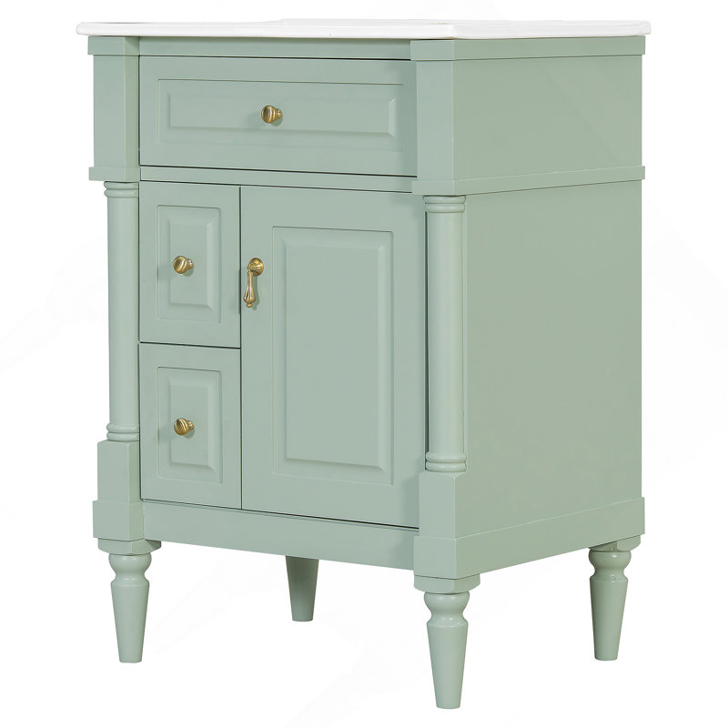 Bathroom Vanity With Sink, Freestanding Bathroom Cabinet With Flip Drawer, Adjustable Shelf, Green, 24"
