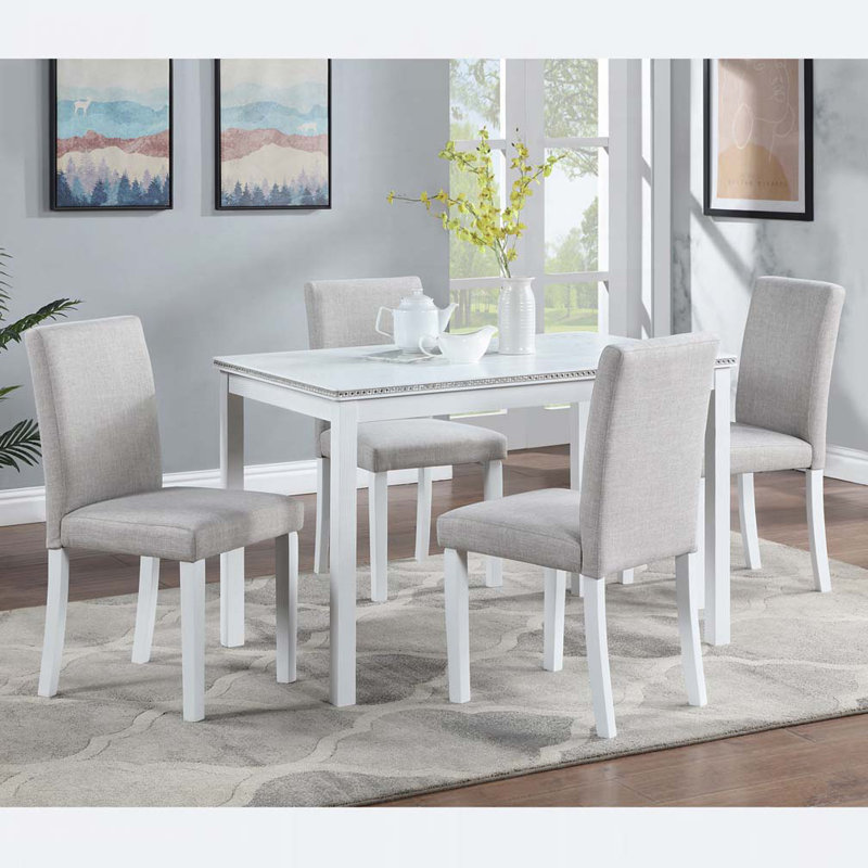5 Piece Wooden Dining Table Set, White/Light Gray, 5 Pieces: Table, 4 Chairs, 30" H x 45.5" W x 28.5" D
