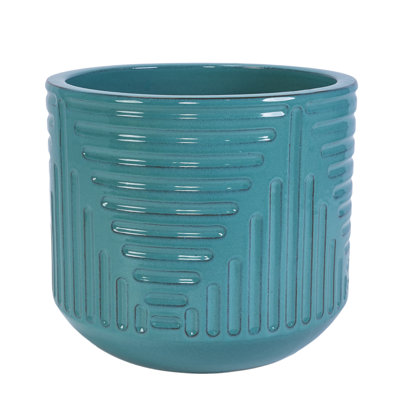 14 In. H X 16 In. W Round Ceramic Planter Pot In Dark Blue,textured Groove Pattern Design