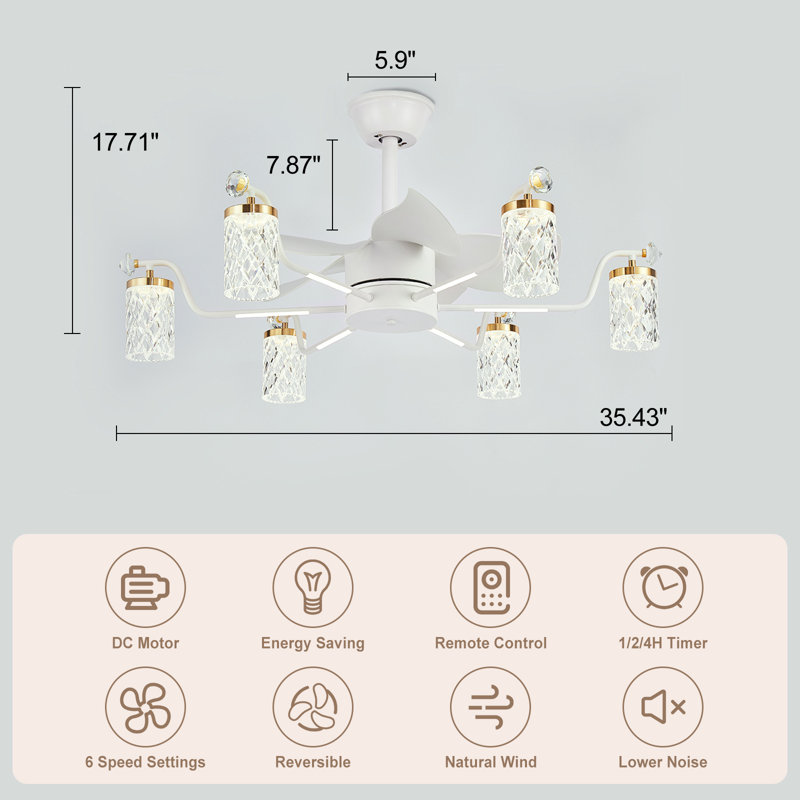 35.43" Luxury LED Dimmable Ceiling Fan with 6 Light and Remote, White