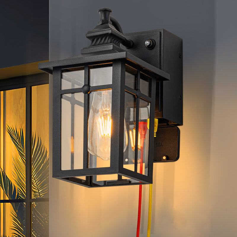 11in Matte Black Dusk To Dawn Outdoor Wall Lantern Sconce With Gfci Outlet