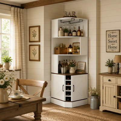 Tall Corner Bar Cabinet 72.83" with Wine Glass Rack, Farmhouse Corner Liquor Cabinet with Doors, 90° Space-Saving Storage Bookcase for Living Room