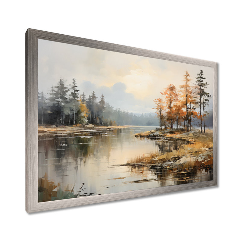 «Lakeside Fall Foliage Serenity II - Lake River», art mural, H 12 po x l 20 po x P 1 po, Cadre simple argenté