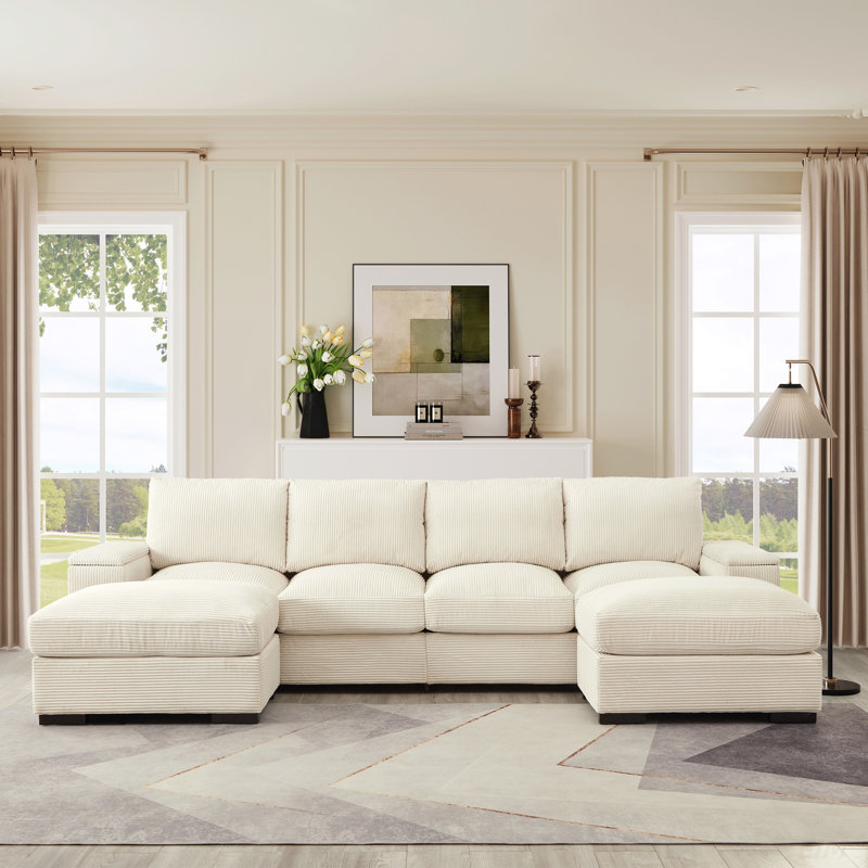 Sectional Sofa Deep Seat Sofa Couch with Ottomans, Beige