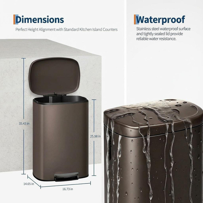Stainless Steel Step On Kitchen Trash Can - 60L, Brown