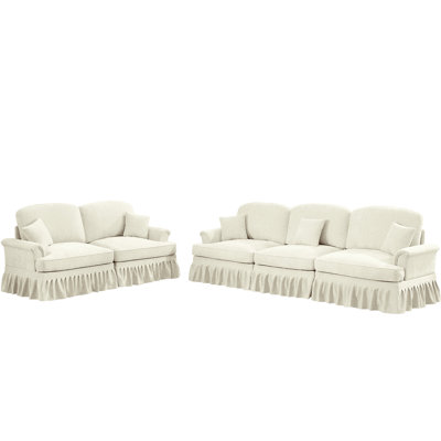 Canapé modulaire 2 pièces, salon, siège à 3 places, blanc beige, accoudoirs évasés, volants détachables, pieds fuselés, tissu chenille, différentes configurations classiques, plis à volants,