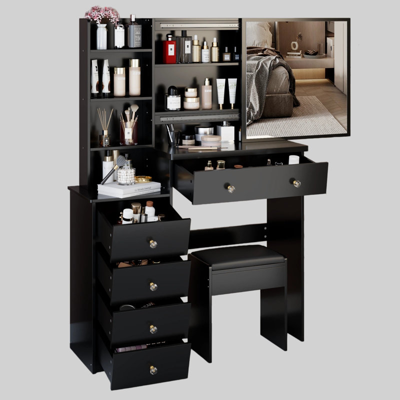 Meuble-lavabo de 37 po avec tabouret de chevet de taille moyenne 37 po + tabouret rembourré, très grand miroir coulissant à droite, rangement multi-couches à grande capacité, commode pratique et pratique, convient aux espaces moyens