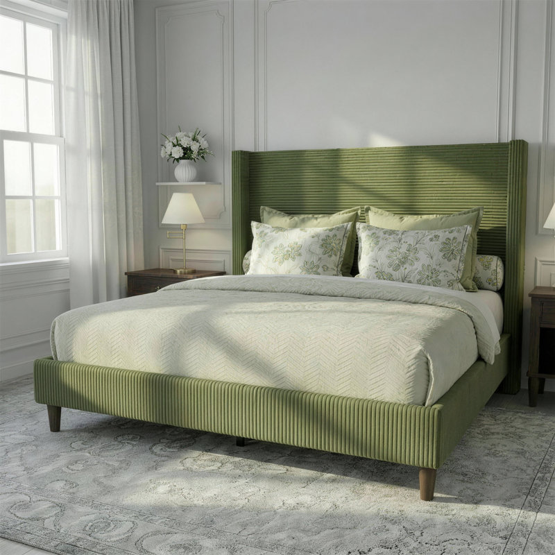 Queen Size Upholstered Platform Bed Frame, 56" High Headboard Wingback Bed, Fully Upholstered Mattress Foundation, No Box Spring Needed No Noise