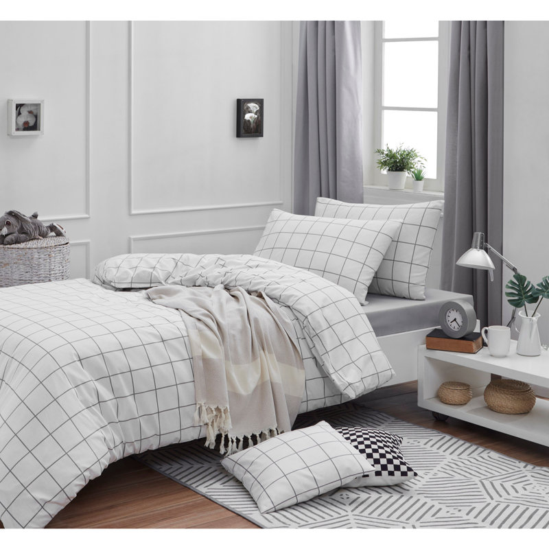 Ensemble de housse de couette 100% coton Dukie, Housse de couette 63 po x 94 po + 1 taie d'oreille, Blanc / gris
