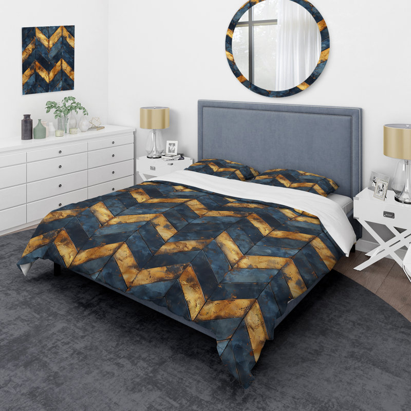 Ensemble de housse de couette transitionnelle Blue Gold Chevron Glamour V, Housse de couette très grand et 2 très grandes t