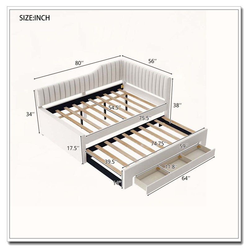 Upholstered Daybed with Trundle and Three Drawers, Beige, Full/Double