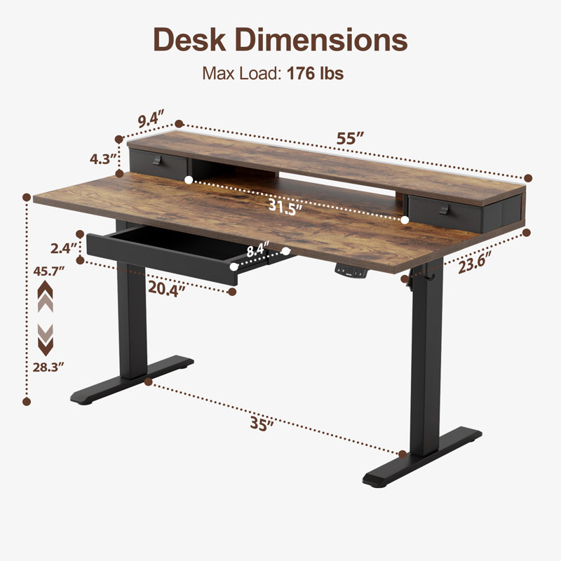 Electric Height Adjustable Desk with Storage Shelf,Standing Desk with 3 Drawers for Home Office, Rustic Brown/Black