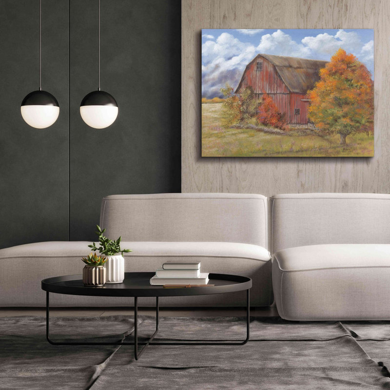«Autumn Barn» par Pam Britton, estampe numérique sur toile, L 40 po x H 54 po x P 1,5 po