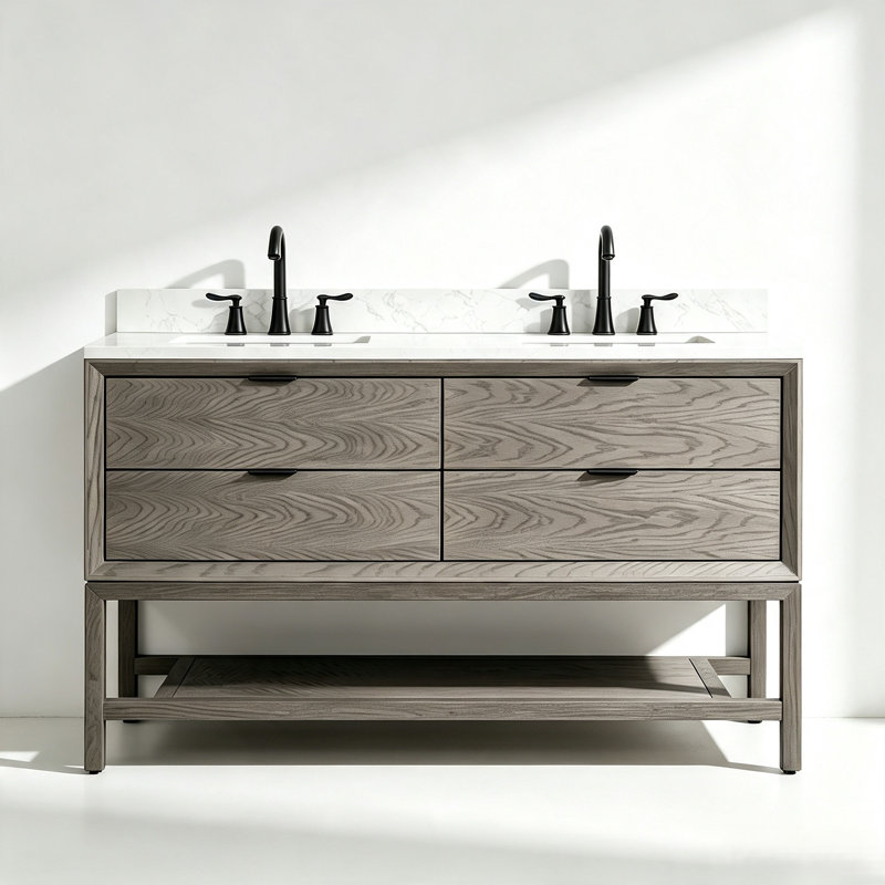 Meuble-lavabo autoportant 60 po en bois massif avec plateau en marbre 60 po, Chêne gris
