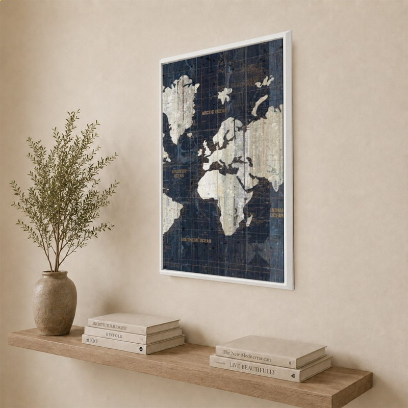 Old World Map Blue 2 by Wild Apple Portfolio - Graphic Art on Canvas, White, 24" x 24", Beveled Floating Frame