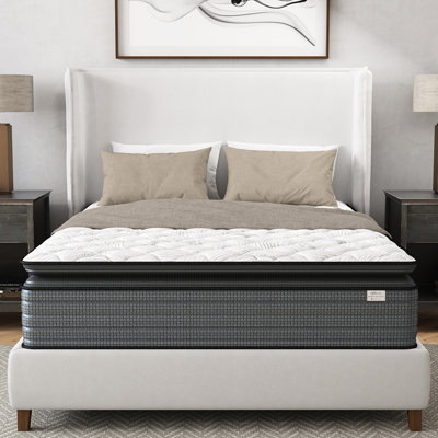 Matelas King Pillow Top de 14 pouces, - États-Unis, Soulagement, Faible transfert de mouvement, Soutien, Imperméable, Gris + Blanc, Garnissage en mousse à mémoire de forme, Matériau à ressorts, Compatible avec les cadres de base réglables, Transfert de mouvement et