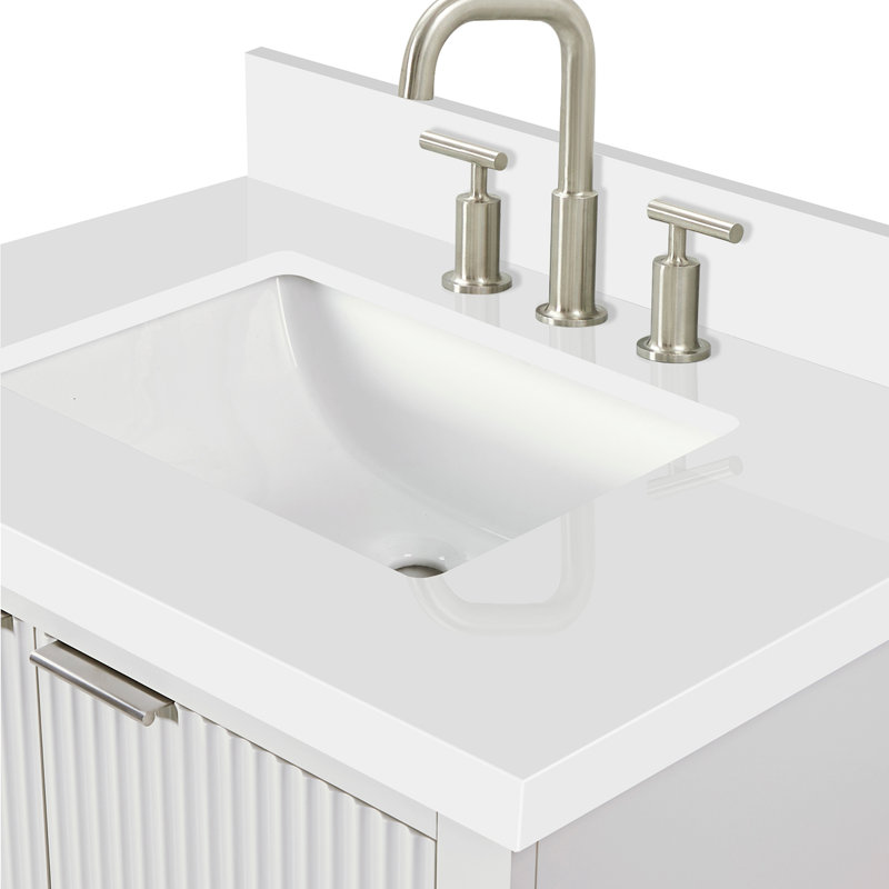 Haun 30'' Solid Wood Single Bathroom Vanity with 1.5'' White Quartz Top in Warm White, Rectangular Sink, Warm White