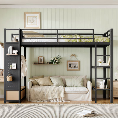 Structure de lit simple TG avec garde-robe, tablettes de rangement et panneau perforé, lit mezzanine en métal, noir