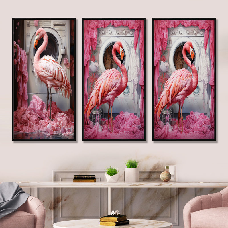 Pink Flamingo Laundry Room Dance I - ensemble de 3 impressions sur toile, Cadre flottant noir, H 28 po x l 36 po
