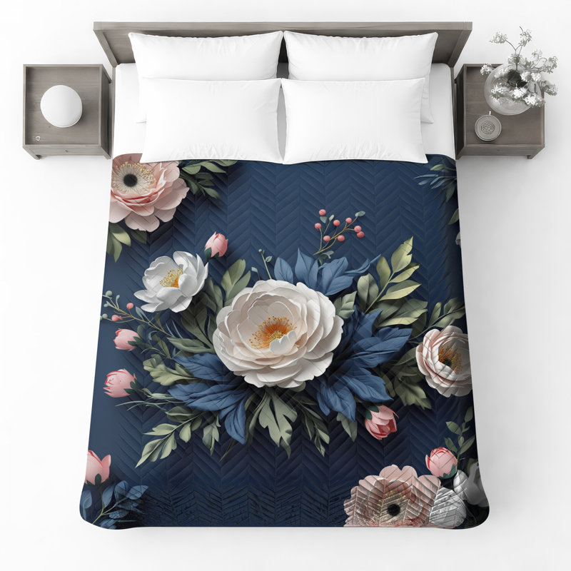 Couvre-lit pivoines blanches et feuillage floral, Double