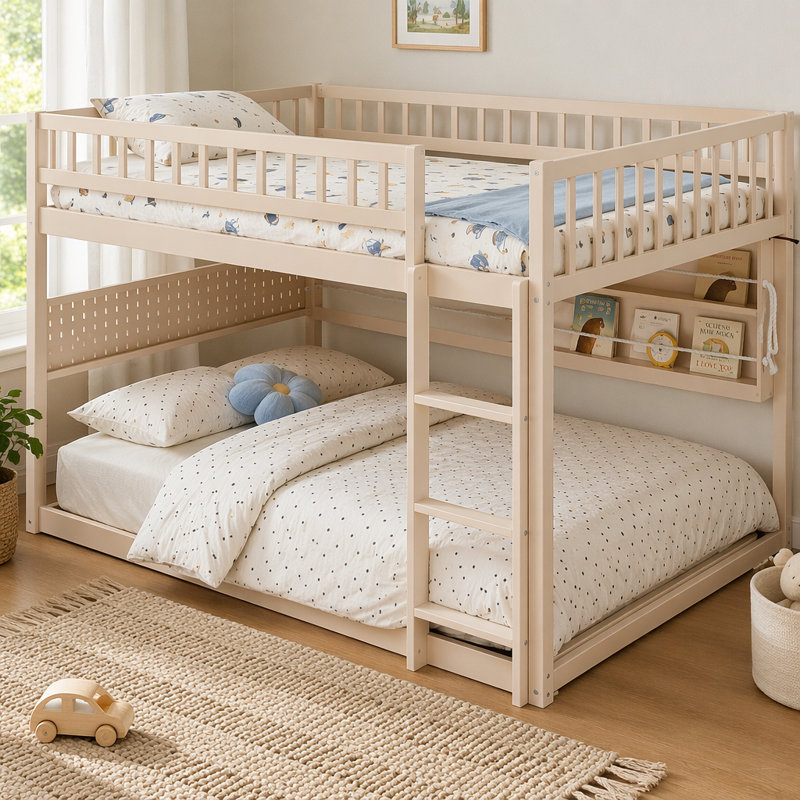 Lit superposé double au-dessus de double avec tablettes intégrées, lumières à changement de couleur et panneau perforé, Beige