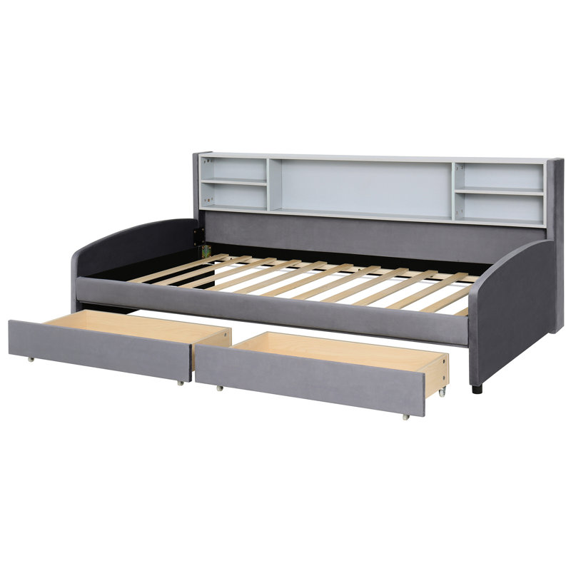 Upholstered Twin Bed Gray With Drawer Storage - Soft Velvet, Convenient, Size Velvet Hidden, Gray