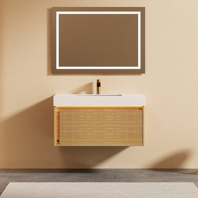 Floating Grille Bathroom Vanity with Sintered Stone Top, Ceramic Sink, and LED Sensor Light