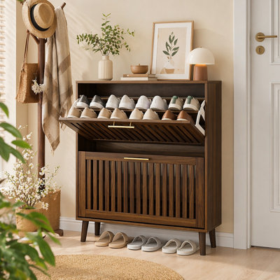Armoire de rangement pour chaussures de 31,5 pouces, armoire à chaussures indépendante de style médiéval moderne, armoire à chaussures de clôture avec 2 tiroirs rabattables, convient aux couloirs et aux entrées