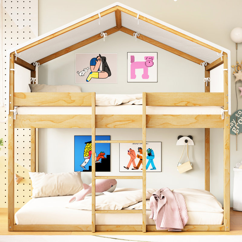 Lit superposé simple en bois massif avec tente - élément de jeu naturel, Naturel