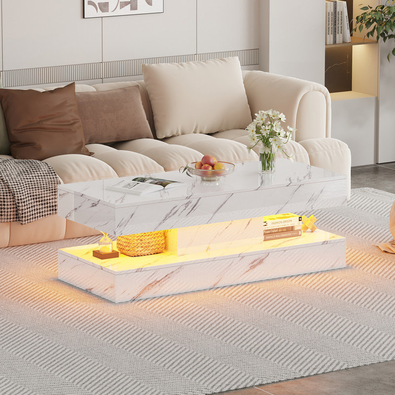 47.2 Inch Coffee Table with LED Lights, Modern High-Gloss Open Shelf Design, 2-Tier Floating Center Table with Illumination, Large LED Coffee Table for Living Room(White)