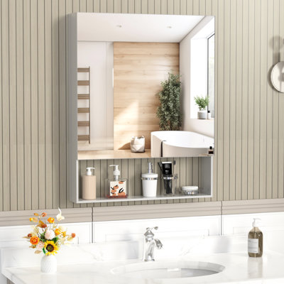 Armoire pour miroir de salle de bain 24 po x 30 po, fixation murale, structure en aluminium, argent, tablettes réglables, alliage de haute qualité, usure, formaldéhyde corrosif, charnières silencieuses, 3 couches de rangement
