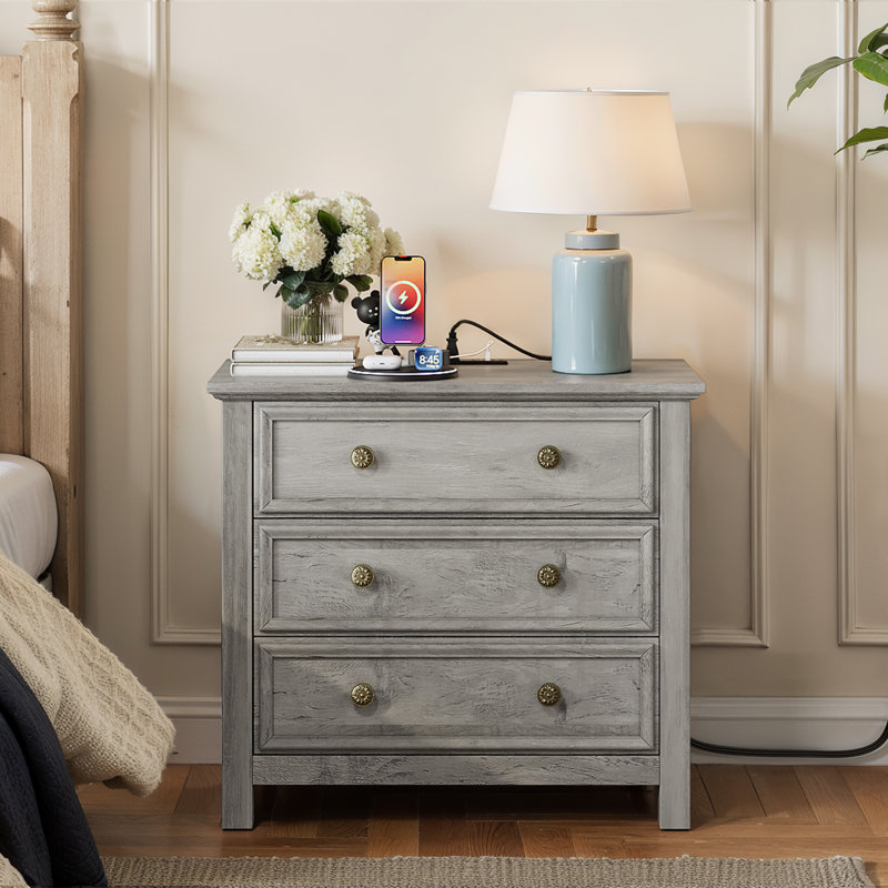 Ensemble de commode de chambre 2 pièces - grande commode 6 tiroirs et table de chevet 3 tiroirs l 26,7 po avec station de charge, gris délavé