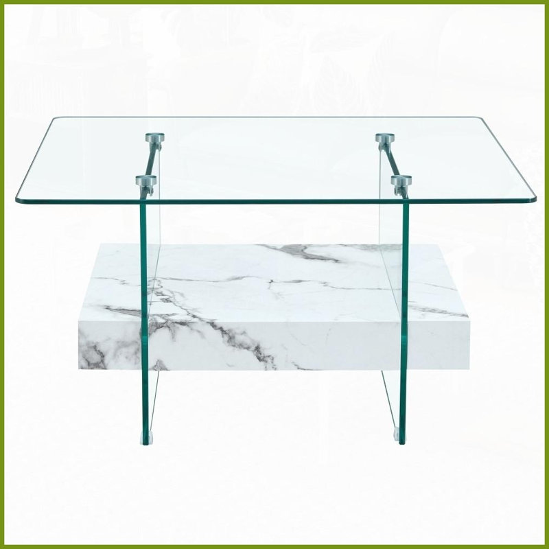 Table basse carrée 31,4 po moderne, verre trempé double couche, facile à nettoyer et amp; Gain de place pour le salon, Blanc
